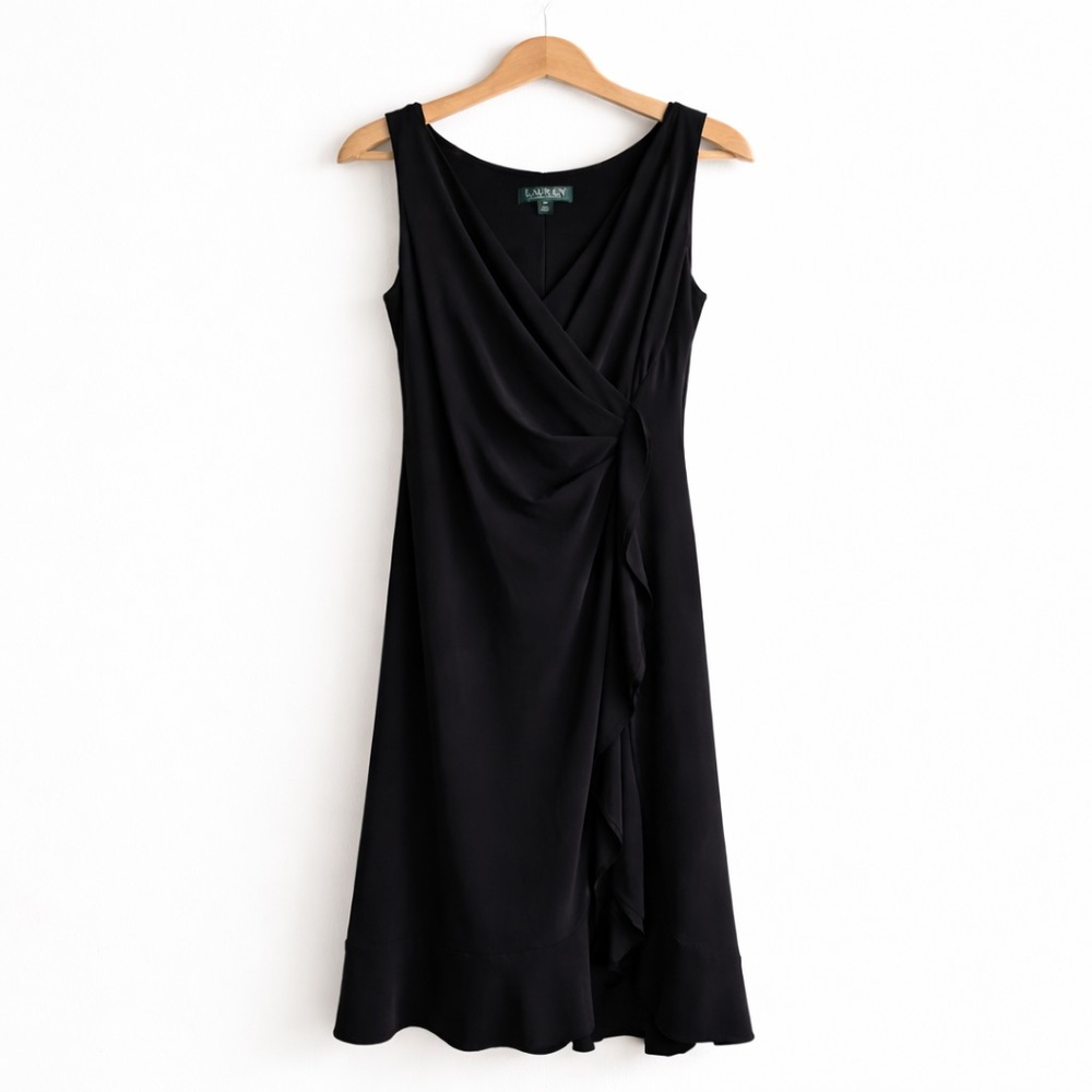 Lauren Ralph Lauren Black Faux Wrap Jersey Midi Dress Petite 8P - Picture 2 of 5